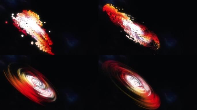 摘要许多发光粒子在黑暗背景上移动并转化为螺旋星系。4K 3D动画外太空视图科学太空中尘埃粒子转化的螺