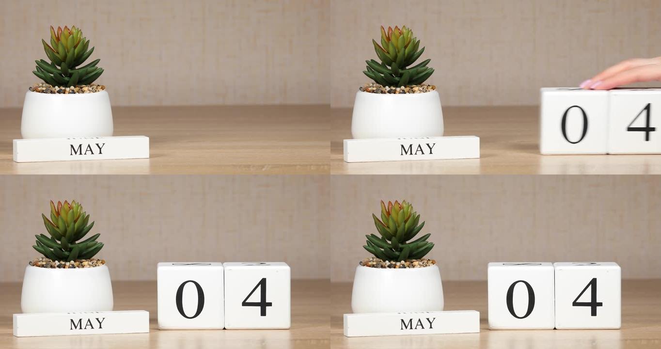日历上的重要日期或事件是5月4日的。女性手用数字移动立方体。