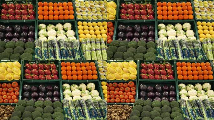 多莉·shot，蔬菜和水果篮精美地布置在架子上。