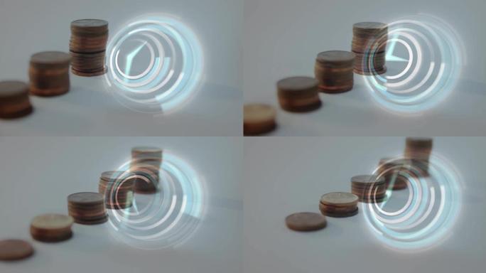 数字时钟在多叠硬币上滴答作响的数字复合视频