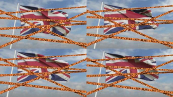 注意以英国国旗为背景的生物危害胶带。英国限制入境或检疫。概念循环3D动画