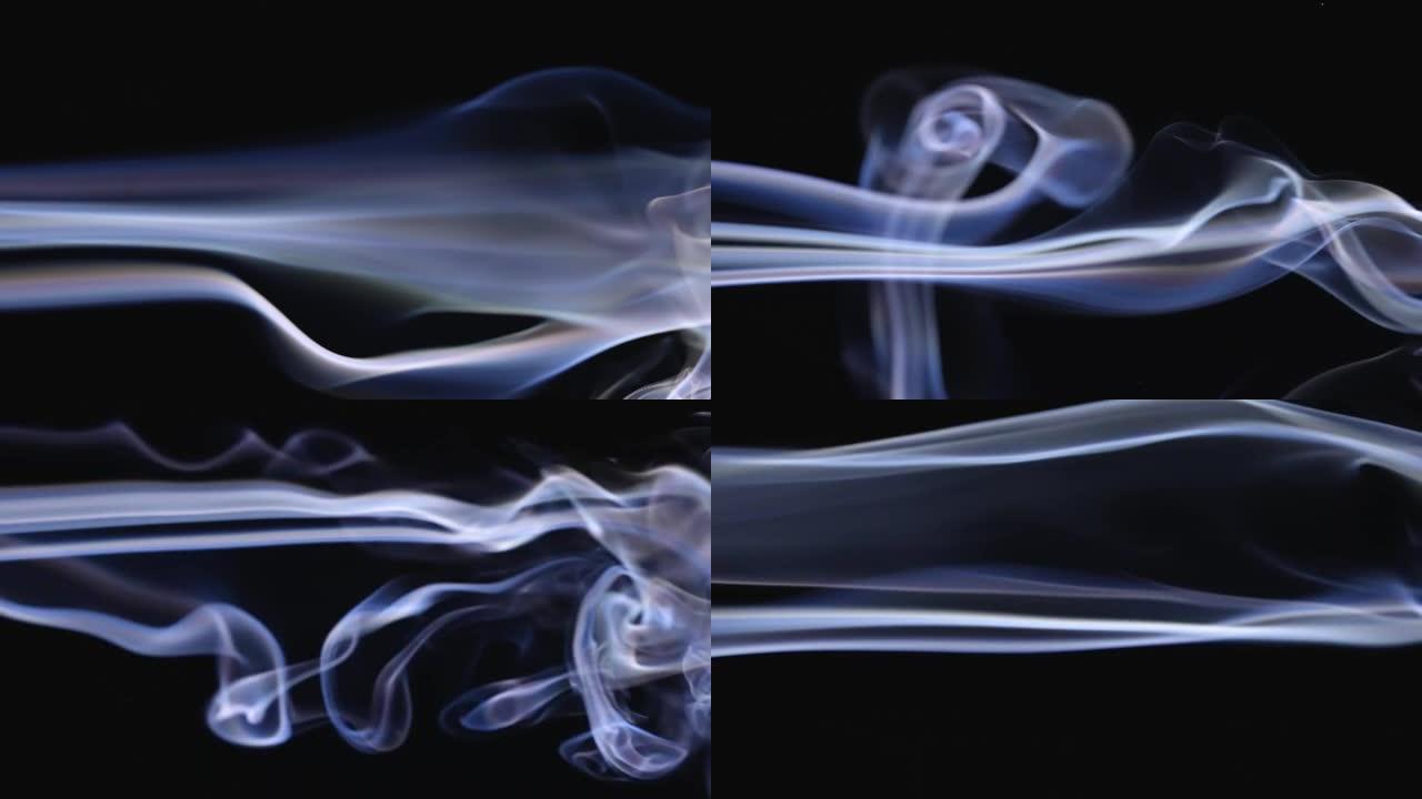 烟雾以错综复杂的模式从左向右流动。黑色背景上的白烟、雾、蒸汽在慢动作中。特写