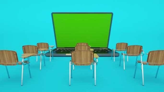 E-learning在线教育理念。课桌和绿色屏幕的笔记本电脑。居家隔离远程学习