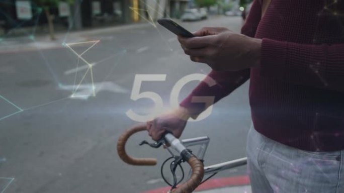 5g文本和网络对抗街头使用智能手机骑自行车的人的中段