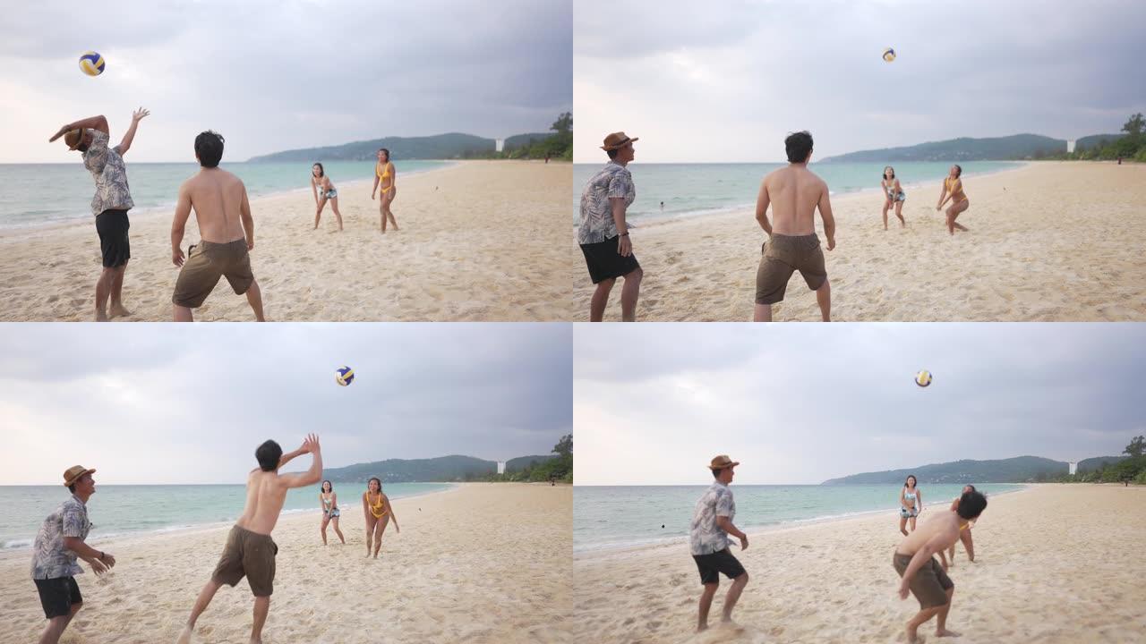 4k组亚洲朋友夏天在沙滩上打球