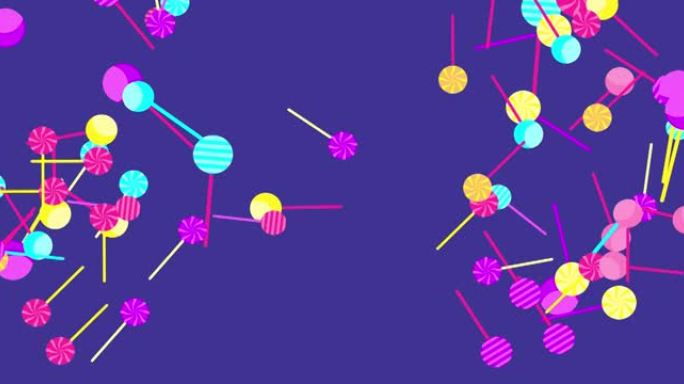 棒棒糖在紫色背景上旋转和飞行。棍子上的多色糖果。横向构图，4k视频质量