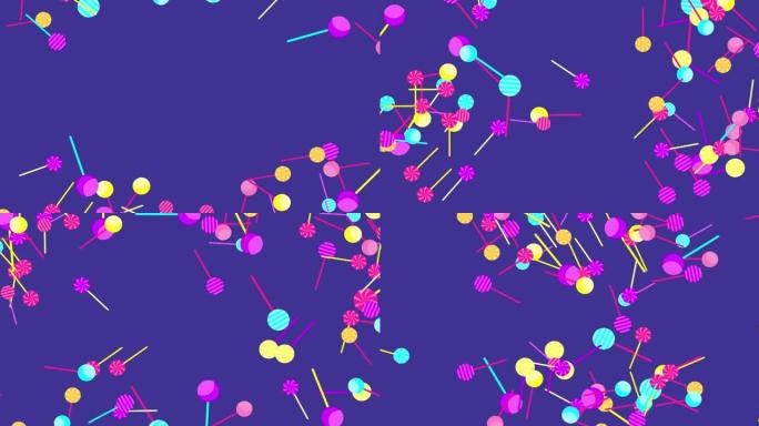 棒棒糖在紫色背景上旋转和飞行。棍子上的多色糖果。横向构图，4k视频质量