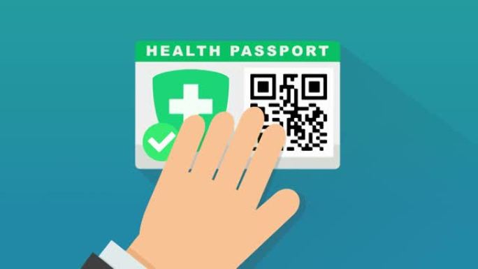 一只手在蓝色背景上展示了他的健康护照 (平面设计)