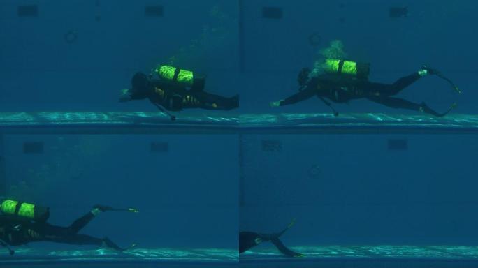 用全套设备训练潜水员救生员，以找到伸出手臂的人
