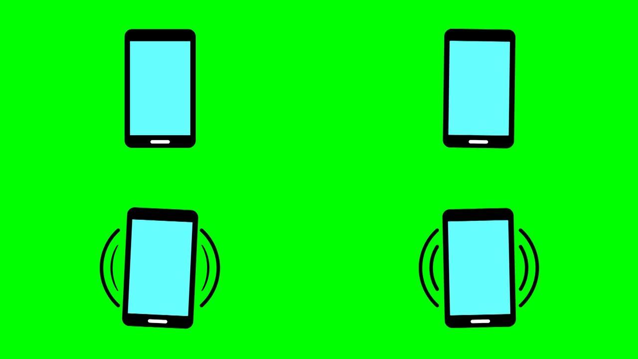 手机的动画黑色图标。带有蓝色显示屏的智能手机符号。沟通的概念。循环视频。矢量插图孤立在绿色背景上。