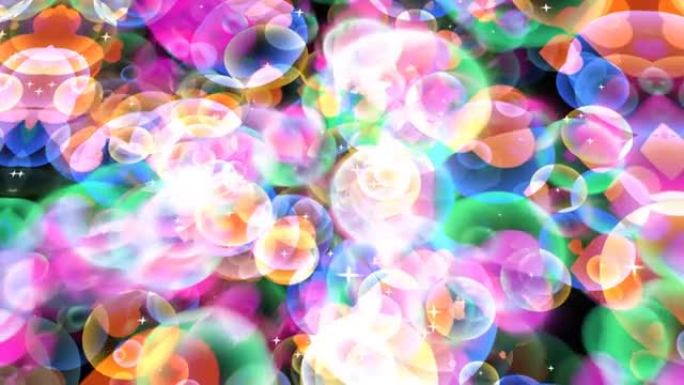 抽象维度彩虹泡泡，舞动的心漂浮在黑屏上，白色星星主题情人节和爱情运动