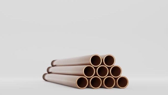 铜管堆叠隔离在白色背景，空心钢质金属或聚氯乙烯管道，光泽青铜管套3d动画。工业零件，用于进行工厂或建