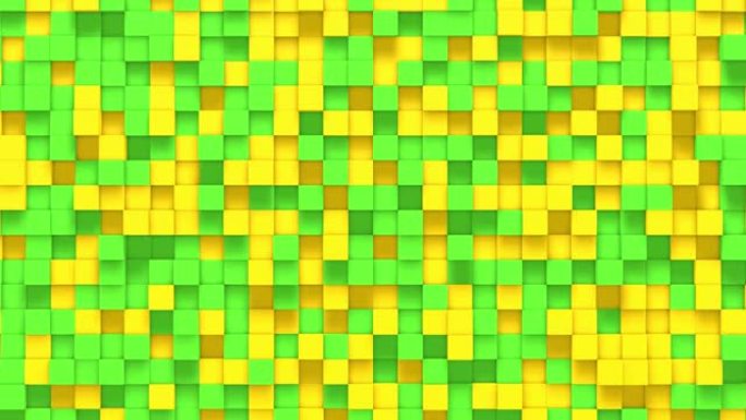 绿色黄色小盒子立方体随机几何背景。抽象方形像素马赛克插图。地块背景。幻想分形设计。数字艺术。4k的3
