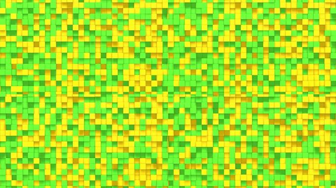 绿色黄色小盒子立方体随机几何背景。抽象方形像素马赛克插图。地块背景。幻想分形设计。数字艺术。4k的3