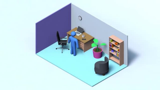 家庭办公室，动画3D，男人和女人，图标。