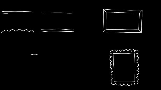 一组手绘循环动画元素: 框架，下划线，引号，问号和感叹号，透明背景上涂鸦风格的文本荧光笔。阿尔法通道