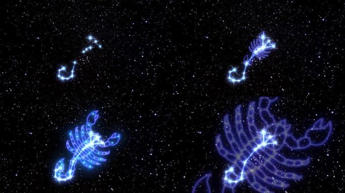 黄道星座天蝎座是由发光线连接的亮星星座。宇宙夜空中黄道十二宫星座的动画。星座和星座的象征。