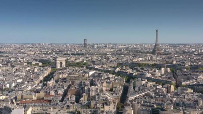 晴天巴黎市著名拱门和塔区空中全景4k法国