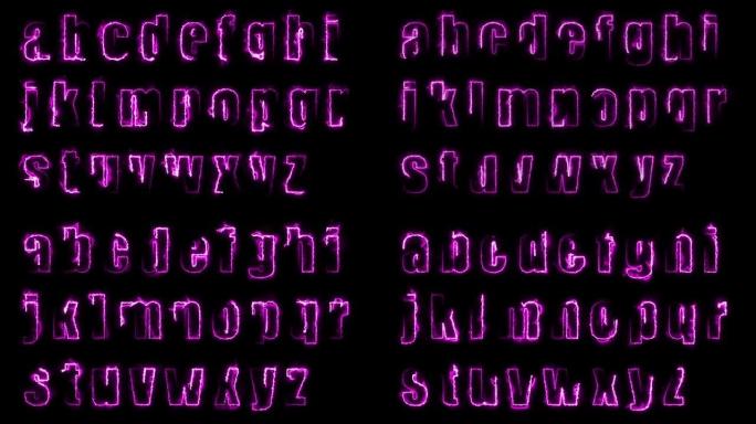 黑色背景上英文字母小写字母轮廓的动态发光效果