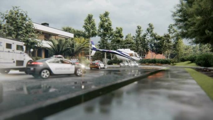 警车停在湿沥青上，直升机降落的场景。动画为犯罪、新闻或警察背景。
