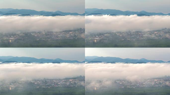 泰国宋卡府，萨道，勒山，带薄雾和雾云的日落日出场景