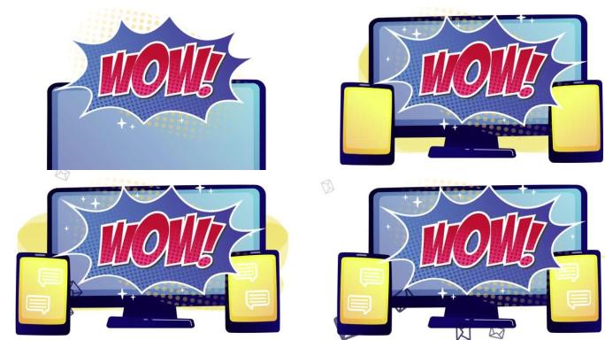 用平板电脑在电脑屏幕上播放复古语音气泡中的wow文本动画