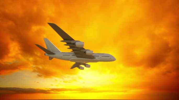一架无品牌的商用飞机飞过金色的日落-无缝循环
