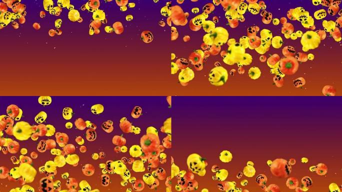 飞了许多橙色和黄色的南瓜。渐变背景。带着微笑的卡通面孔。节日万圣节的3D动画。循环动画。