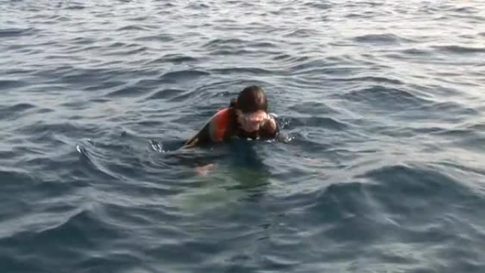 女潜水员潜入红海水下的鳍状肢。