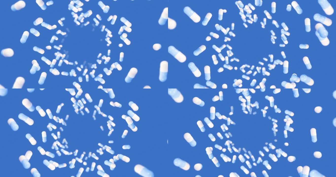 在蓝色背景上飞行许多医用胶囊。医学和制药概念。白色药丸胶囊旋转的3D动画。循环动画。