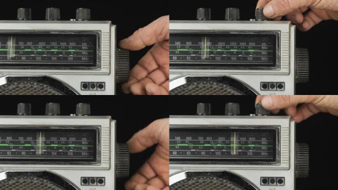 老式收音机接收器和带调频刻度的唱机。按复古接收机的比例调谐模拟射频。