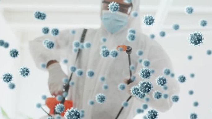 用男人消毒办公室的漂浮新型冠状病毒肺炎细胞的动画