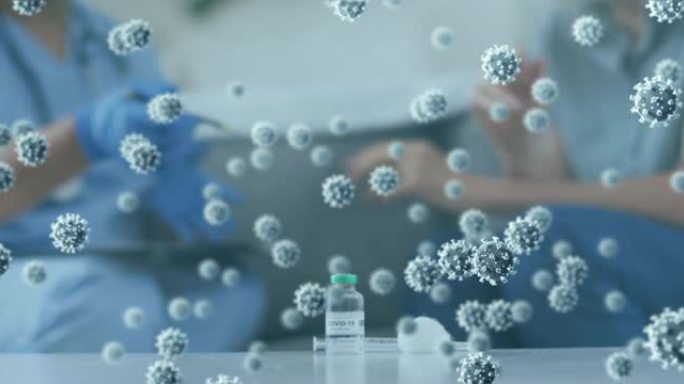 多个新型冠状病毒肺炎细胞漂浮在新型冠状病毒肺炎疫苗瓶在家里的桌子上