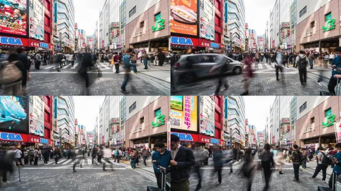 在日本东京秋叶原娱乐区的街上行走的人群的延时。日本人的生活方式，旅游景点，日本旅游，亚洲交通或亚洲城