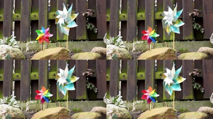 彩色塑料花园装饰风车在风中旋转