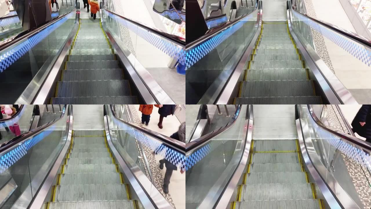 新购物中心的现代自动扶梯，大流行期间蒙面人的移动，商场