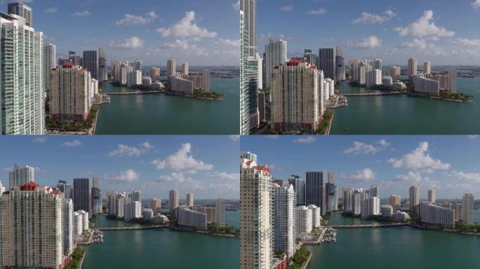 迈阿密市中心布里克尔的鸟瞰图，沿着比斯坎湾的海滨，朝着布里克尔基岛。无人机制作的视频剪辑，带有转发摄
