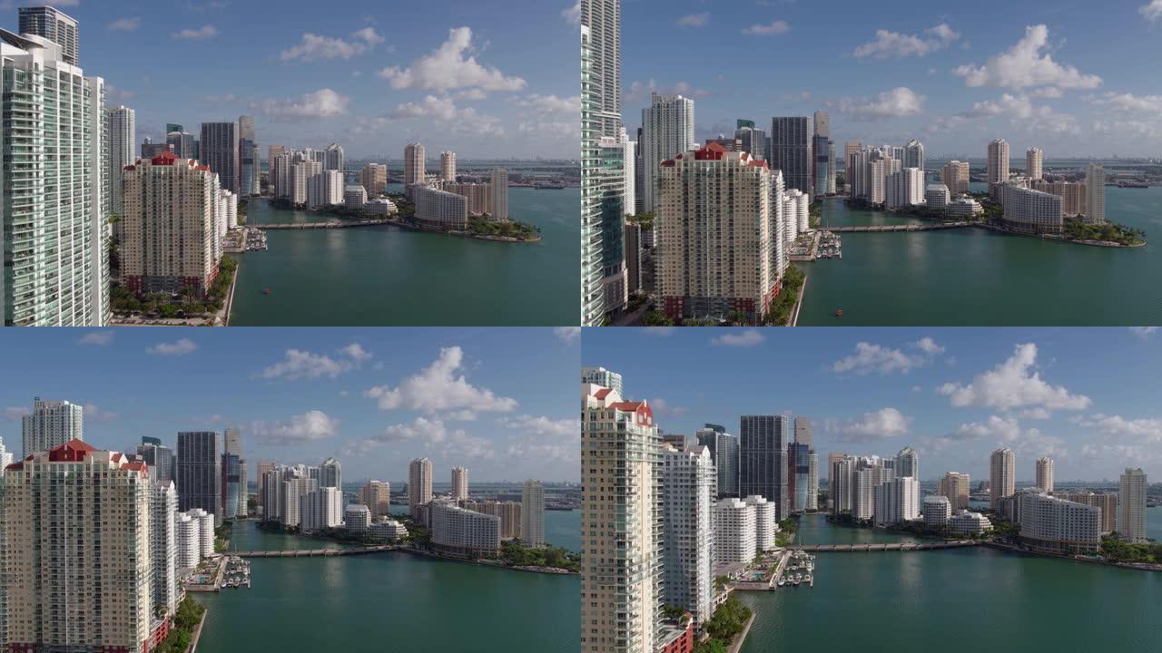 迈阿密市中心布里克尔的鸟瞰图，沿着比斯坎湾的海滨，朝着布里克尔基岛。无人机制作的视频剪辑，带有转发摄