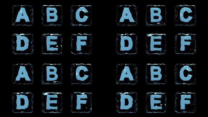 英文字体-来自在水或冰上动画的标准字母的字母。字母ABCDEF。
