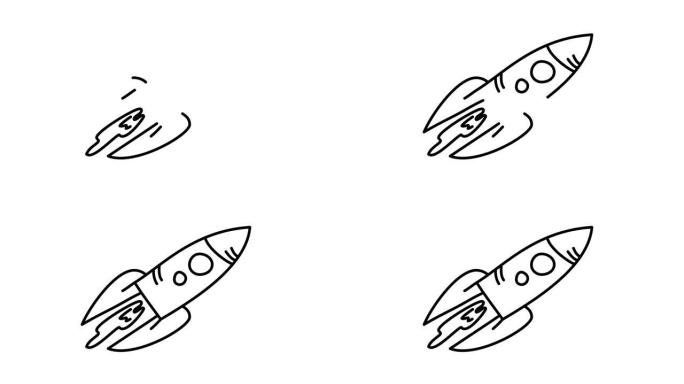 火箭船在白色阿尔法哑光通道背景上带有火线图标。太空旅行动画。4k视频运动图形动画