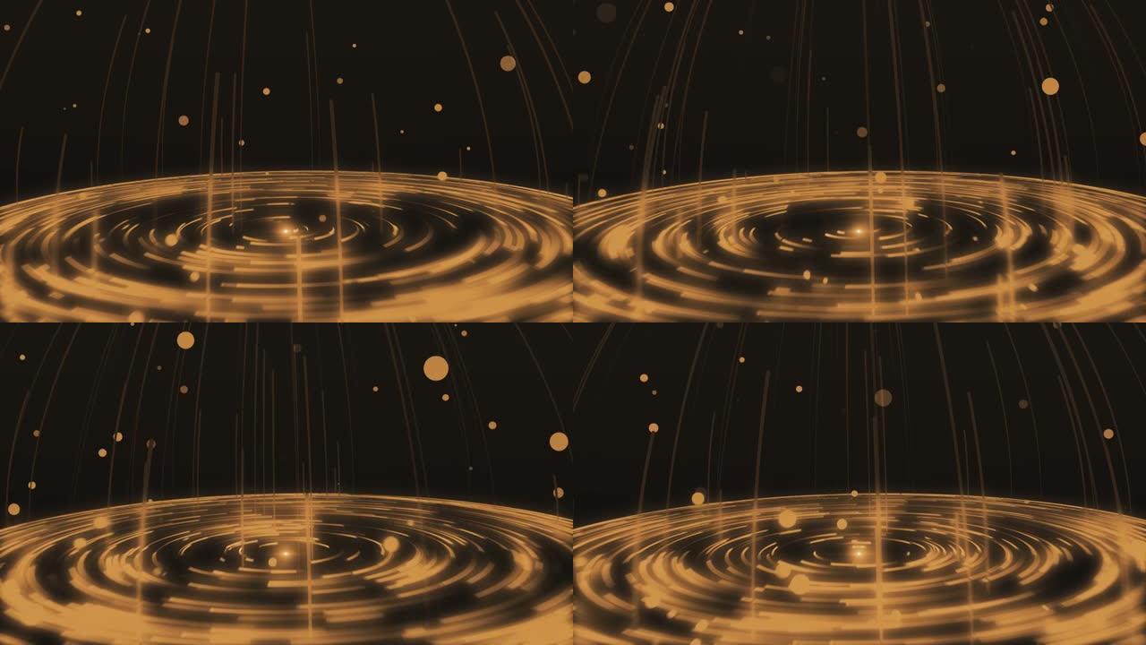 橙色抽象螺旋涡旋微粒科幻未来时尚发光几何形状与霓虹灯线无缝，美丽抽象复古背景，DJ VJ运动背景，循