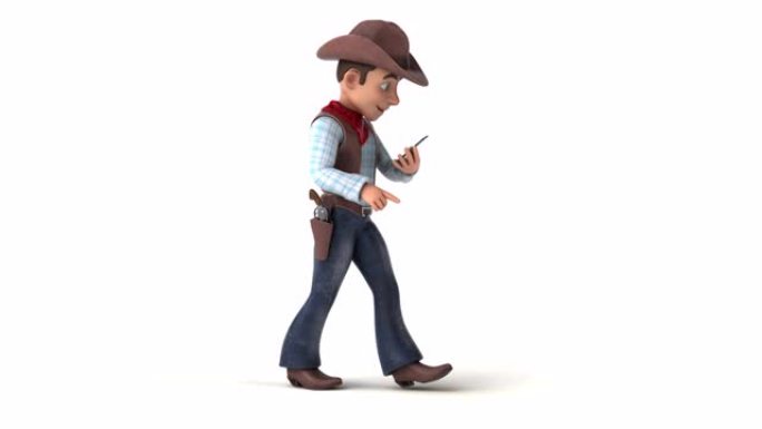 有趣的3D卡通牛仔用智能手机行走