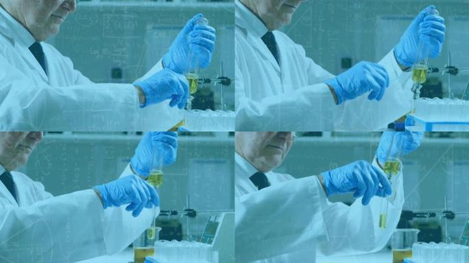 在实验室中使用试管对男性科学家进行数学和科学公式的动画处理