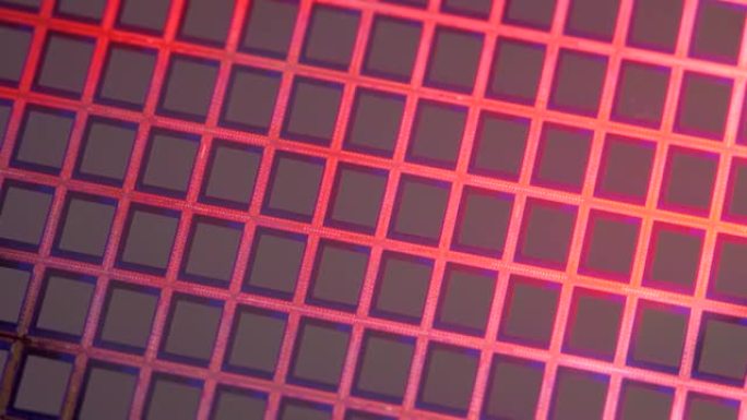带有半导体微芯片的硅片在红光下