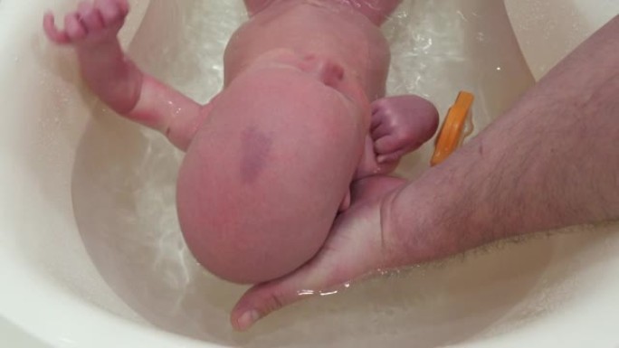 父亲抱着婴儿洗澡和洗衣服，1个月大的婴儿在家浴室的塑料浴缸里。