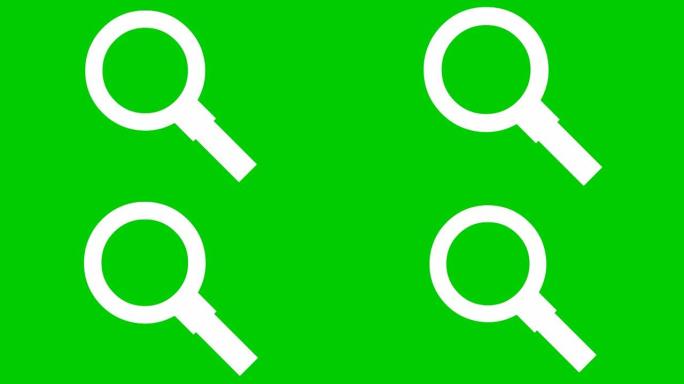 放大镜的动画白色图标。符号放大镜。搜索、发现的概念。循环视频。矢量插图孤立在绿色背景上。