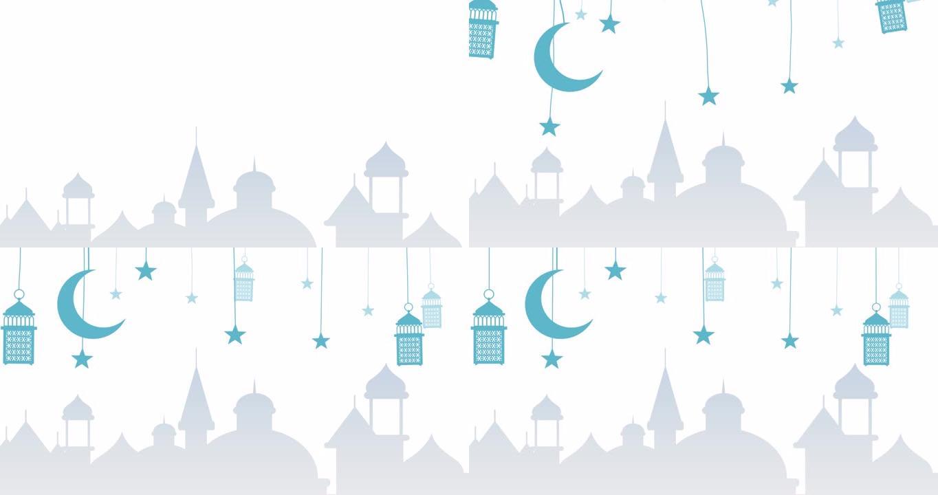 蓝色月亮，星星和小灯的动画悬挂在灰色上，夜晚在白色上从城市中切出