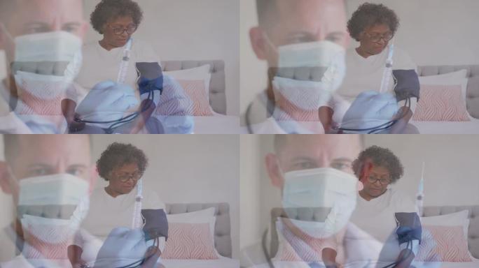 男性医生在医院为女性患者准备接种口罩的动画