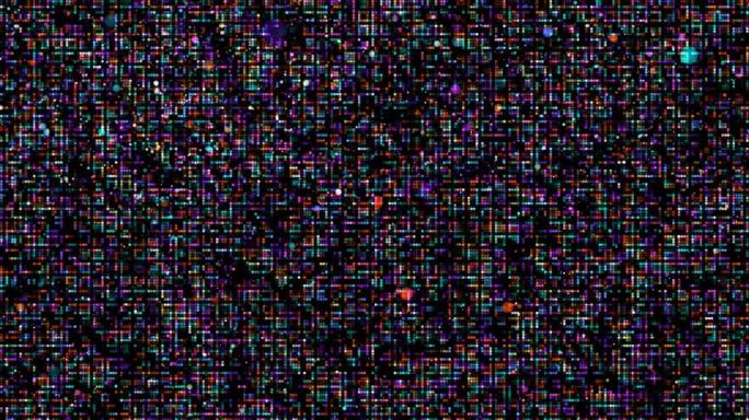 动画抽象红橙黄紫水蓝色小光粒子球图案波形振荡，可视化波技术数字表面背景