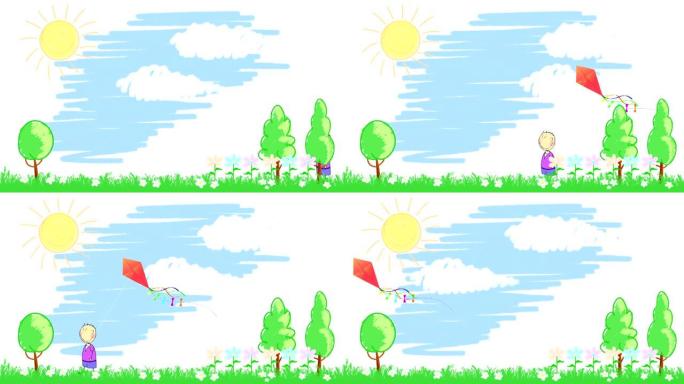 男孩走过草地，拿着风筝